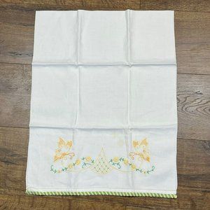 Vintage Embroidered Linen Table Runner White with Yellow Butterflies & Flowers